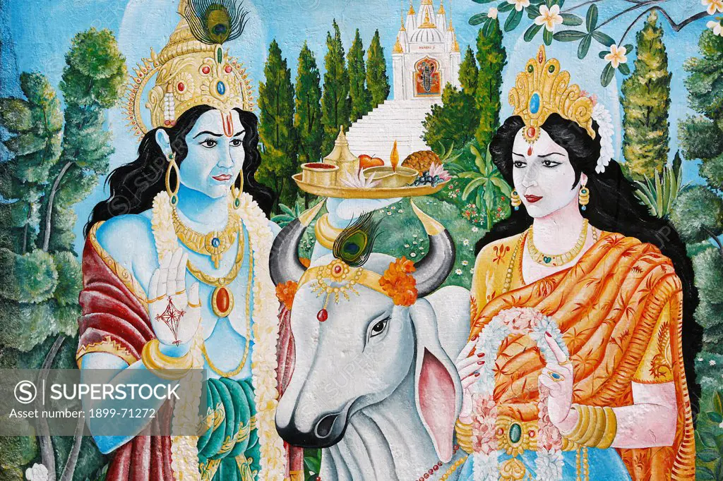 Rama, Sita and sacred cow. Rama is the 7th reincarnation of Vishnu. Pashupatinah