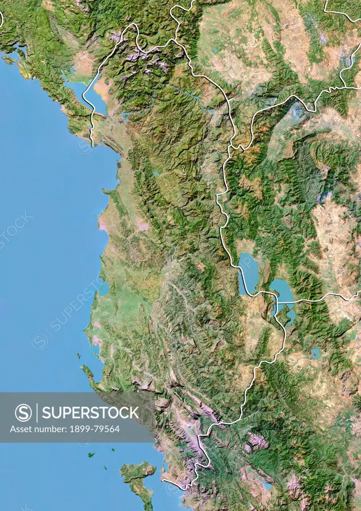 Satellite view of Albania with Bump Effect (with border). This image was compiled from data acquired by LANDSAT 5 & 7 satellites.