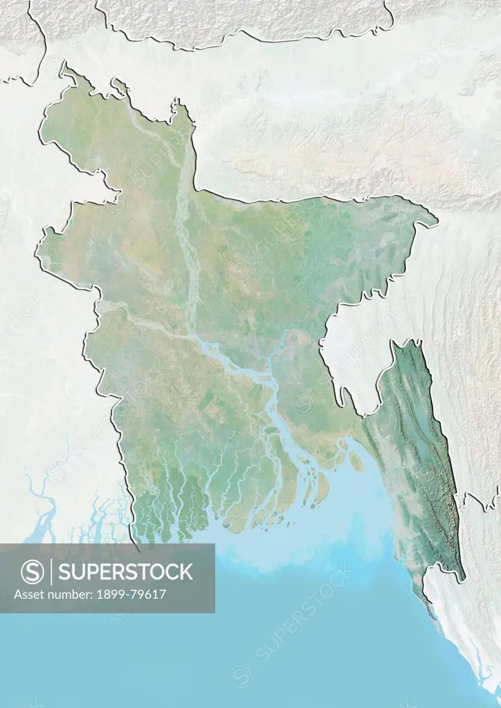 Relief map of Bangladesh (with border and mask). This image was compiled from data acquired by landsat 5 & 7 satellites combined with elevation data.