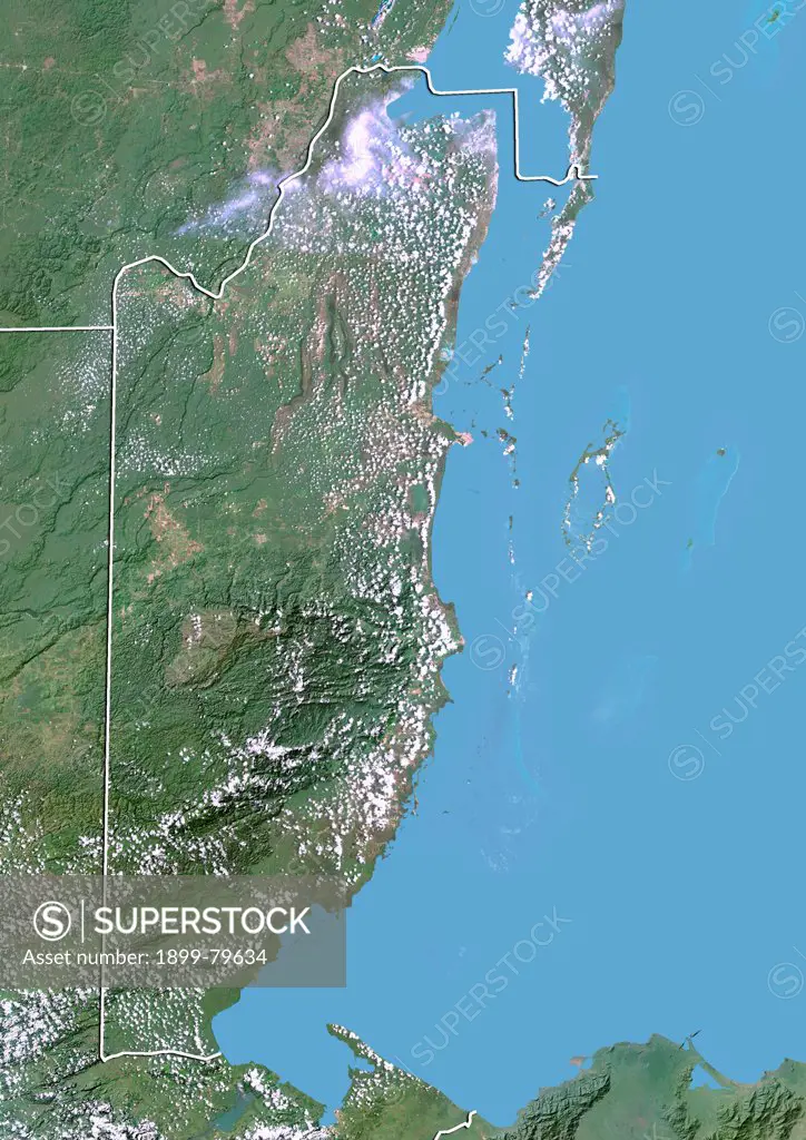 Satellite view of Belize with Bump Effect (with border). This image was compiled from data acquired by LANDSAT 5 & 7 satellites.