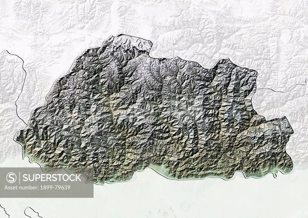 Relief map of Bhutan (with border and mask). This image was compiled from data acquired by landsat 5 & 7 satellites combined with elevation data.