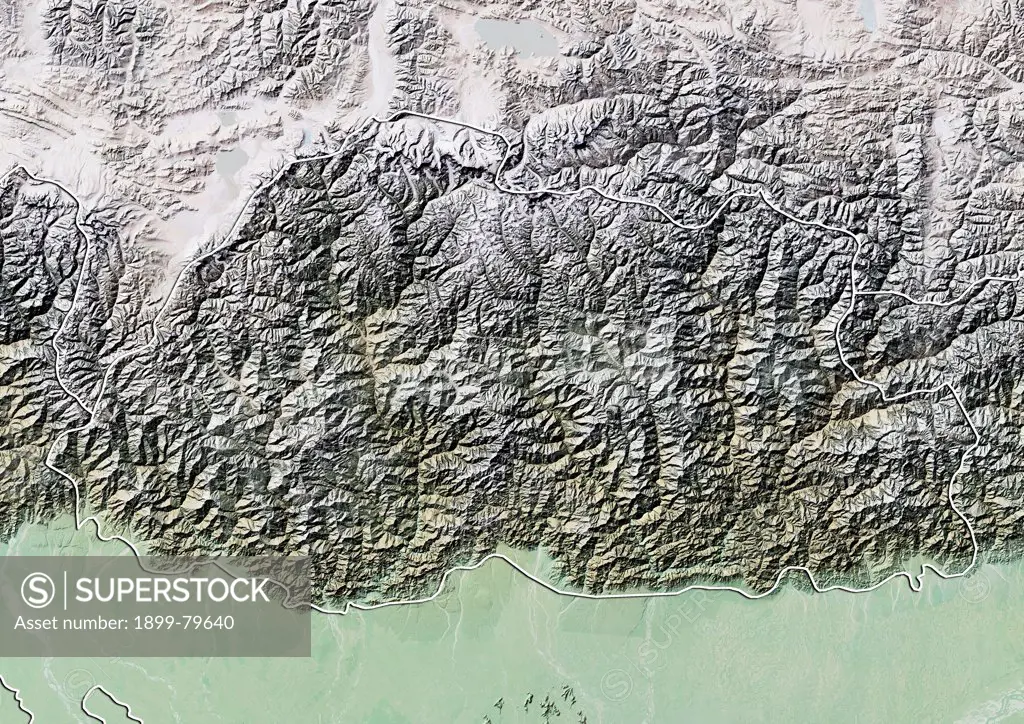 Relief map of Bhutan (with border). This image was compiled from data acquired by LANDSAT 5 & 7 satellites combined with elevation data.