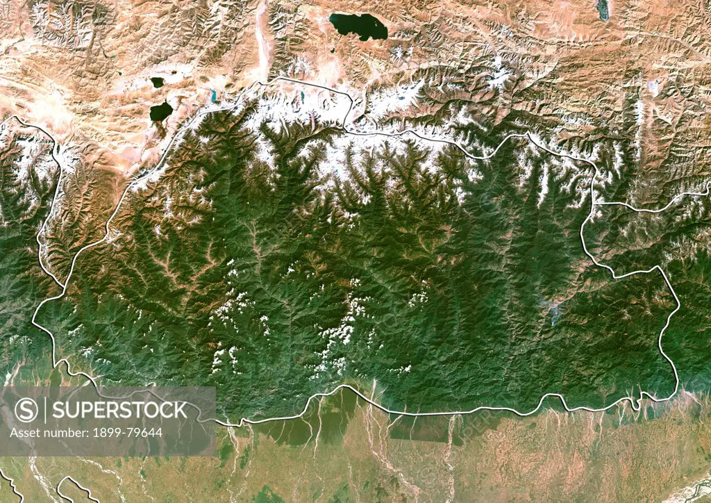 Satellite view of Bhutan (with border). This image was compiled from data acquired by LANDSAT 5 & 7 satellites.