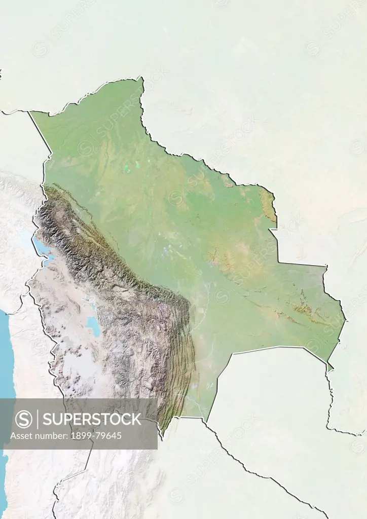 Relief map of Bolivia (with border and mask). This image was compiled from data acquired by landsat 5 & 7 satellites combined with elevation data.