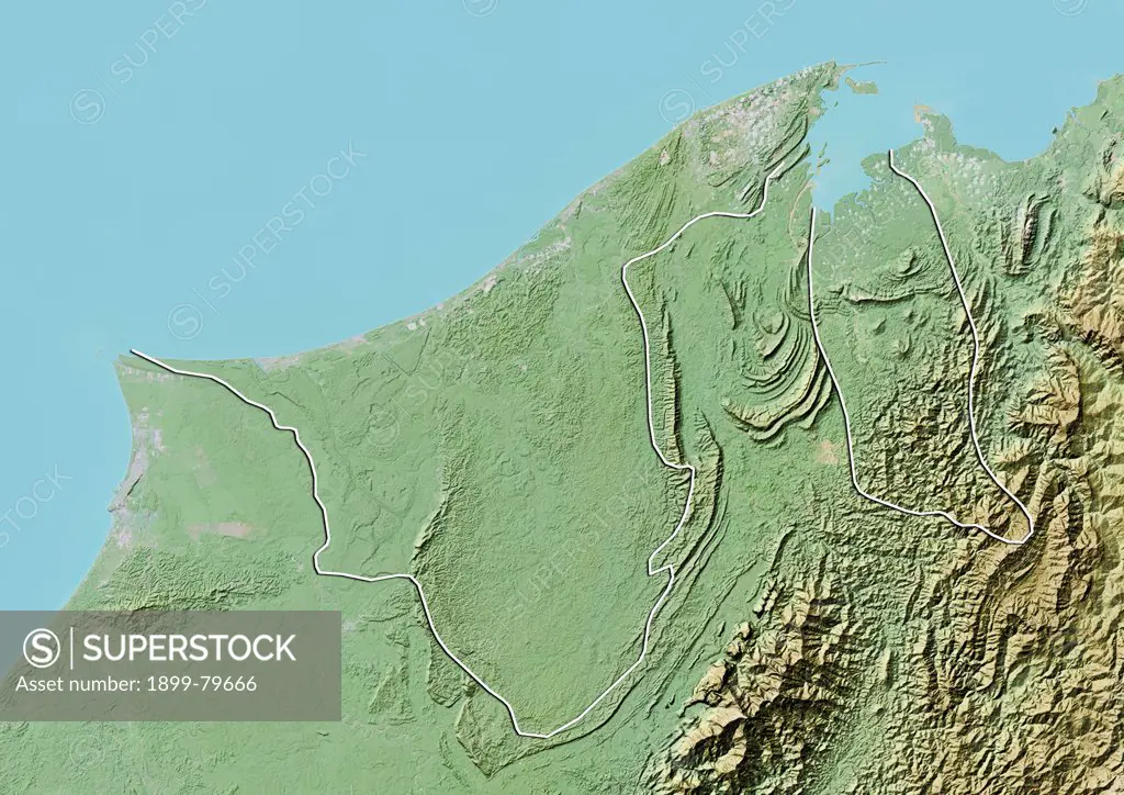 Relief map of Brunei (with border). This image was compiled from data acquired by LANDSAT 5 & 7 satellites combined with elevation data.