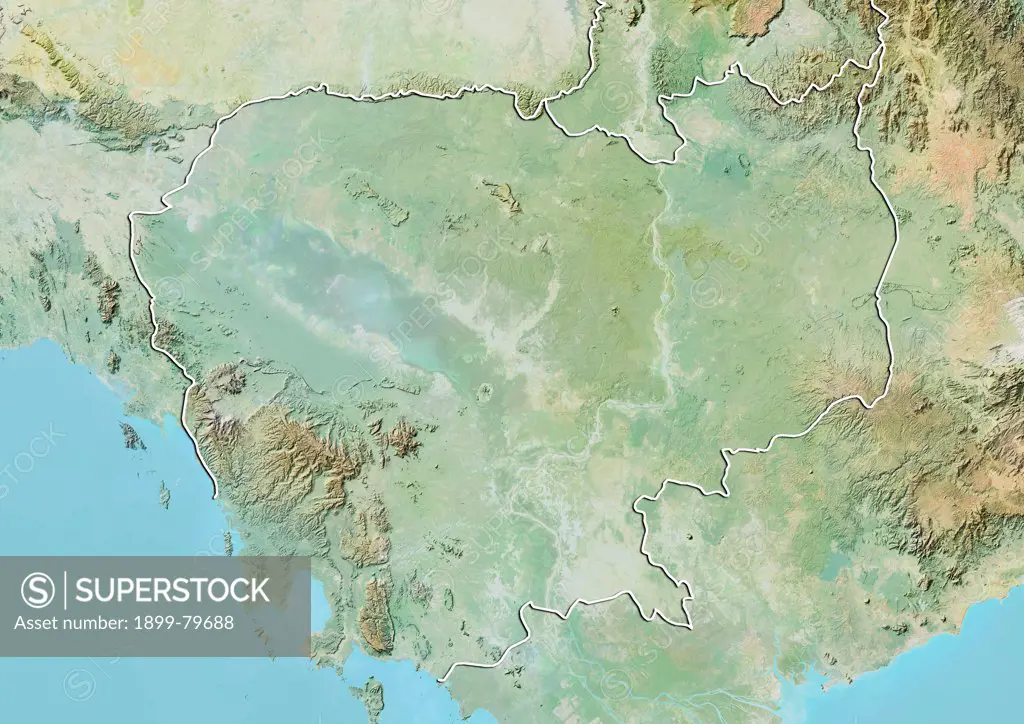 Relief map of Cambodia (with border). This image was compiled from data acquired by LANDSAT 5 & 7 satellites combined with elevation data.