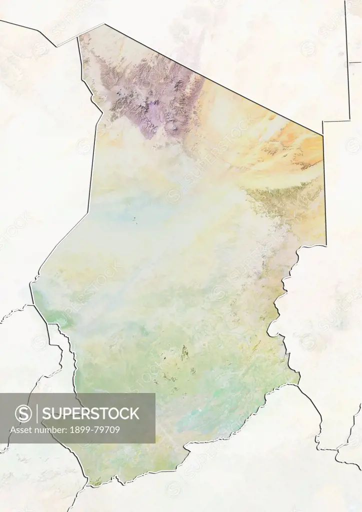 Relief map of Chad (with border and mask). This image was compiled from data acquired by landsat 5 & 7 satellites combined with elevation data.