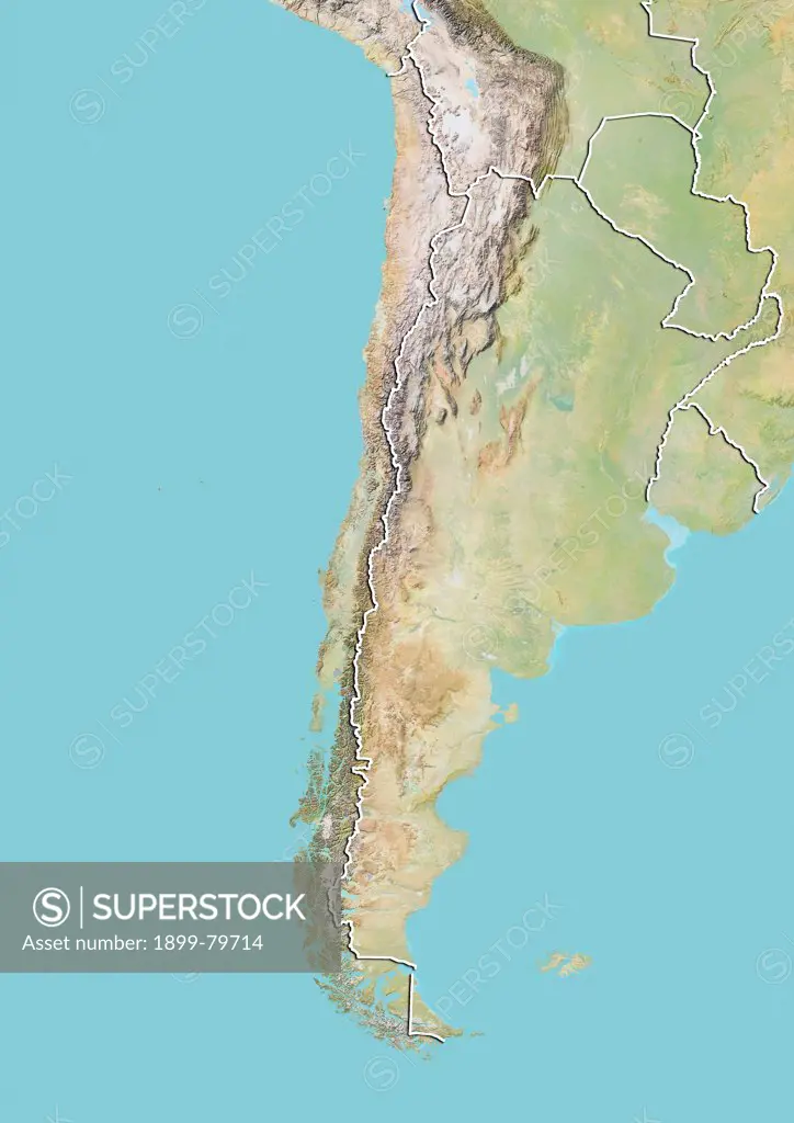 Relief map of Chile (with border). This image was compiled from data acquired by LANDSAT 5 & 7 satellites combined with elevation data.