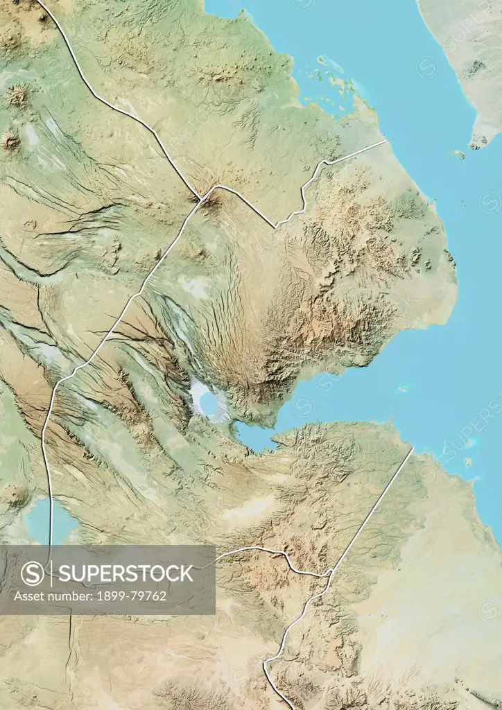 Relief map of Djibouti (with border). This image was compiled from data acquired by LANDSAT 5 & 7 satellites combined with elevation data.