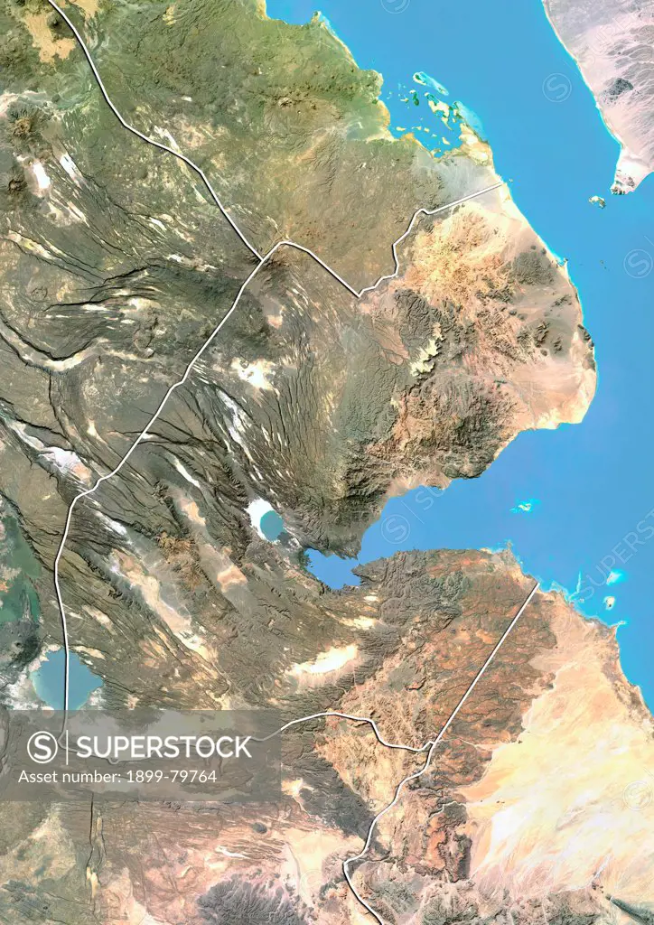 Satellite view of Djibouti with Bump Effect (with border). This image was compiled from data acquired by LANDSAT 5 & 7 satellites.