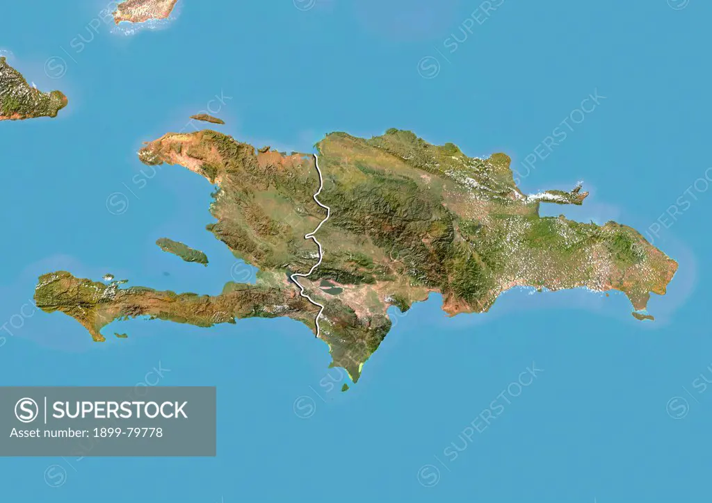 Satellite view of The Dominican Republic and Haiti with Bump Effect (with border). This image was compiled from data acquired by LANDSAT 5 & 7 satellites.