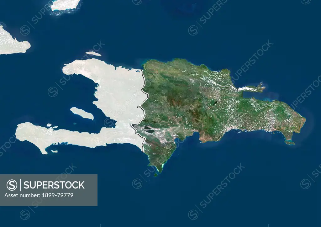 Satellite view of The Dominican Republic (with border and mask). This image was compiled from data acquired by LANDSAT 5 & 7 satellites.