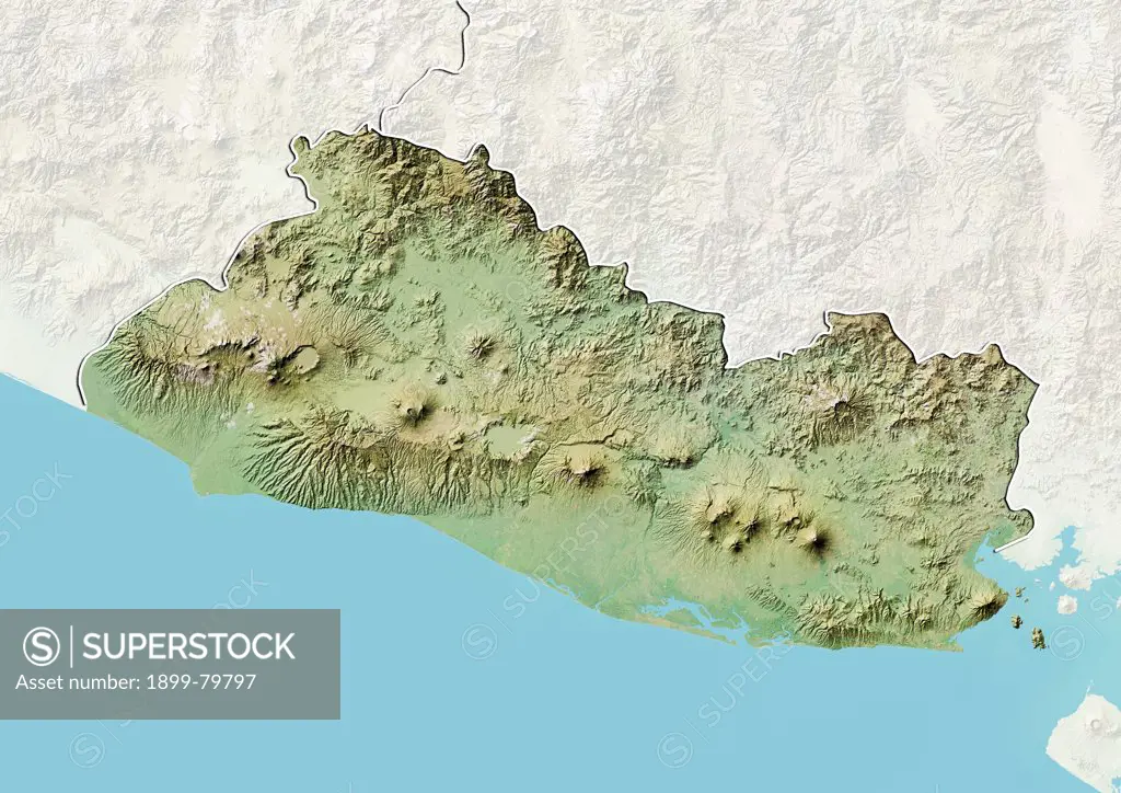 Relief map of El Salvador (with border and mask). This image was compiled from data acquired by landsat 5 & 7 satellites combined with elevation data.