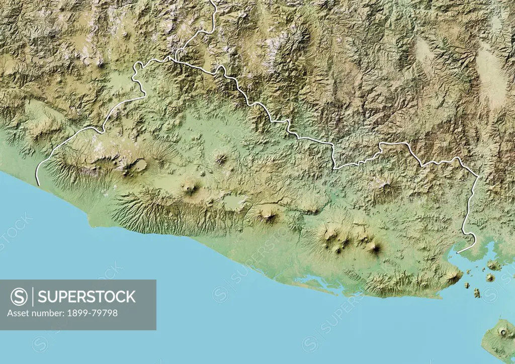 Relief map of El Salvador (with border). This image was compiled from data acquired by LANDSAT 5 & 7 satellites combined with elevation data.