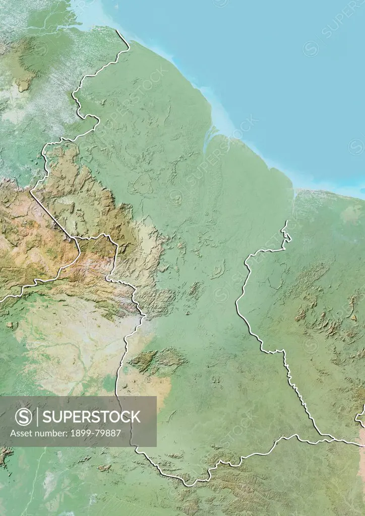 Relief map of Guyana (with border). This image was compiled from data acquired by LANDSAT 5 & 7 satellites combined with elevation data.