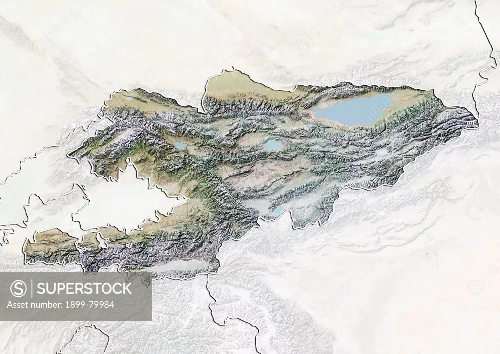 Relief map of Kyrgyzstan (with border and mask). This image was compiled from data acquired by landsat 5 & 7 satellites combined with elevation data.