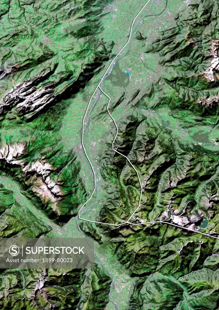 Satellite view of Liechtenstein with Bump Effect (with border). This image was compiled from data acquired by LANDSAT 5 & 7 satellites.