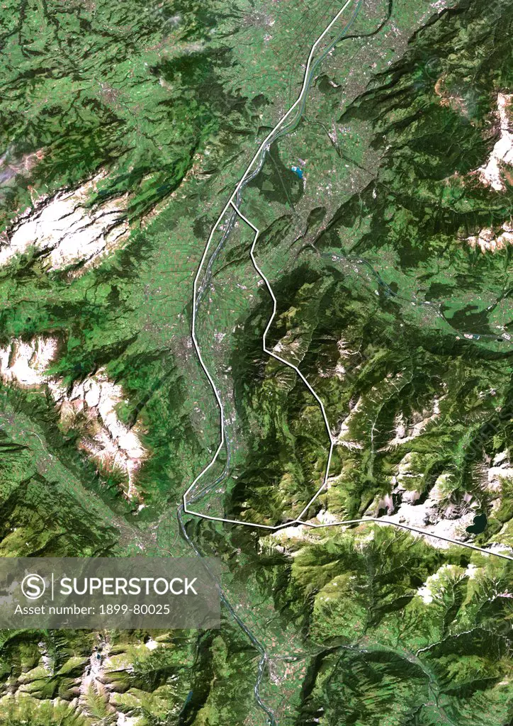 Satellite view of Liechtenstein (with border). This image was compiled from data acquired by LANDSAT 5 & 7 satellites.