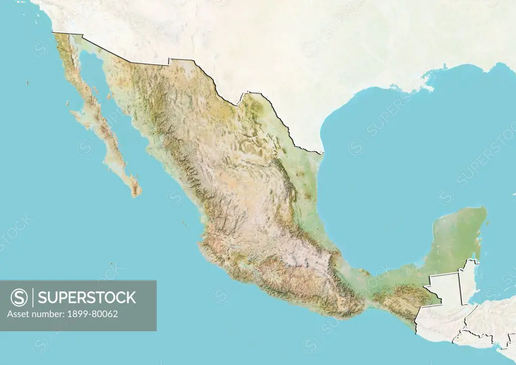 Relief map of Mexico (with border and mask). This image was compiled from data acquired by landsat 5 & 7 satellites combined with elevation data.