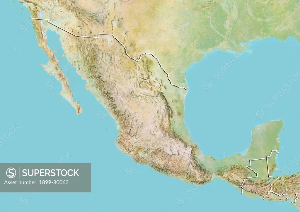 Relief map of Mexico (with border). This image was compiled from data acquired by LANDSAT 5 & 7 satellites combined with elevation data.