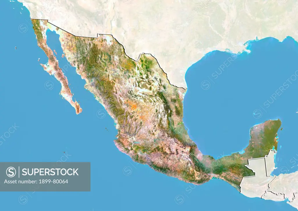 Satellite view of Mexico with Bump Effect (with border and mask). This image was compiled from data acquired by LANDSAT 5 & 7 satellites.