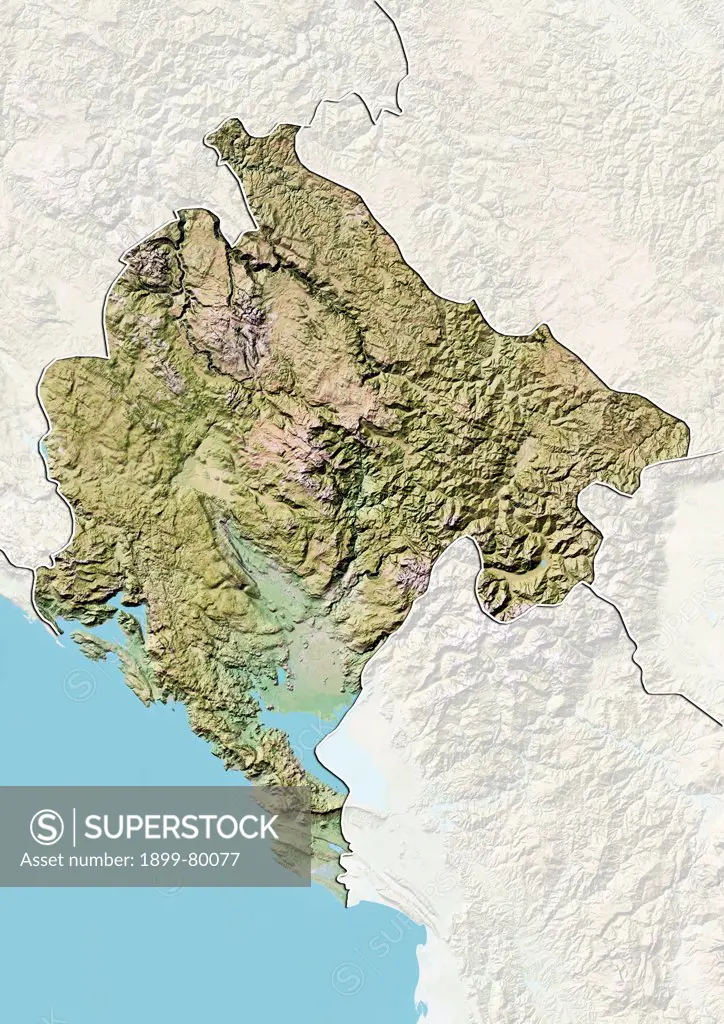 Relief map of Montenegro (with border and mask). This image was compiled from data acquired by landsat 5 & 7 satellites combined with elevation data.