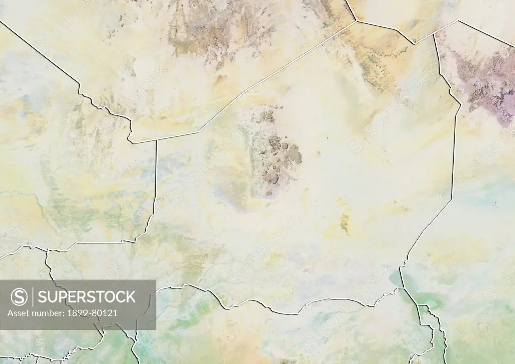 Relief map of Niger (with border). This image was compiled from data acquired by LANDSAT 5 & 7 satellites combined with elevation data.