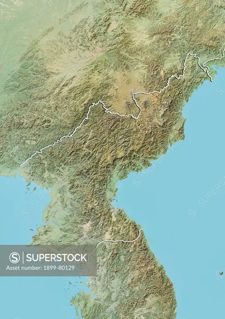 Relief map of North Korea (with border). This image was compiled from data acquired by LANDSAT 5 & 7 satellites combined with elevation data.