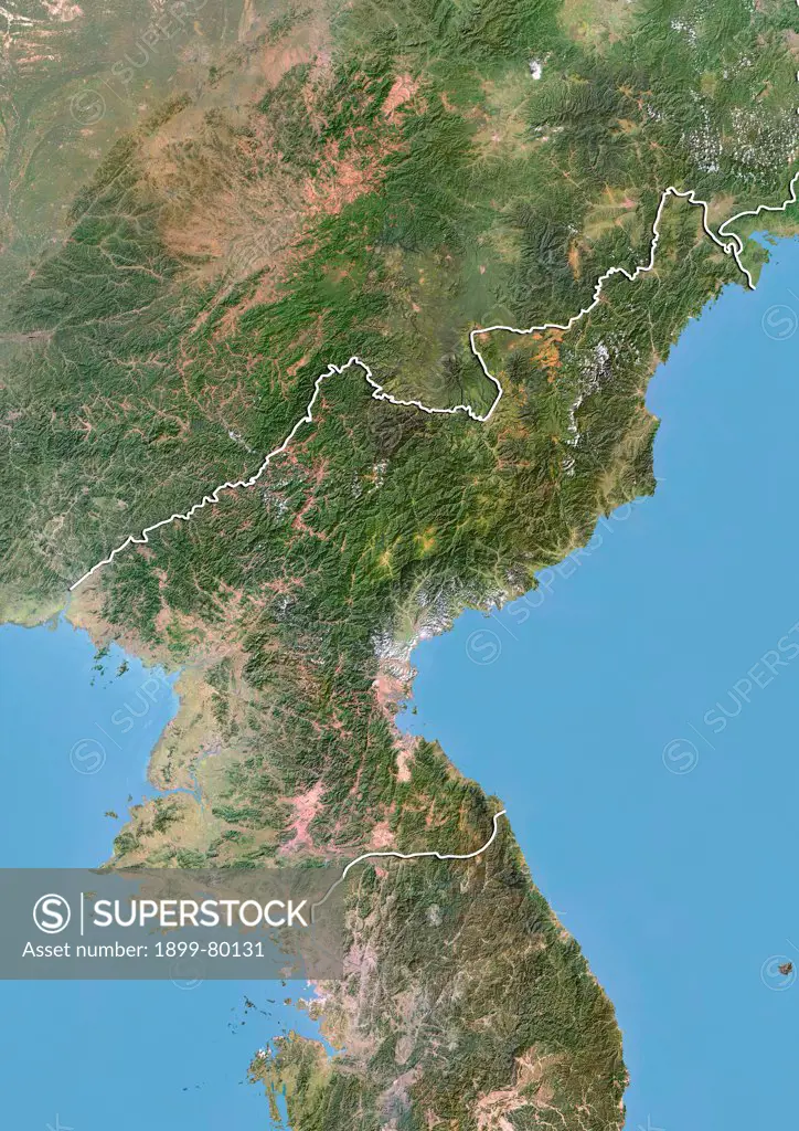 Satellite view of North Korea with Bump Effect (with border). This image was compiled from data acquired by LANDSAT 5 & 7 satellites.
