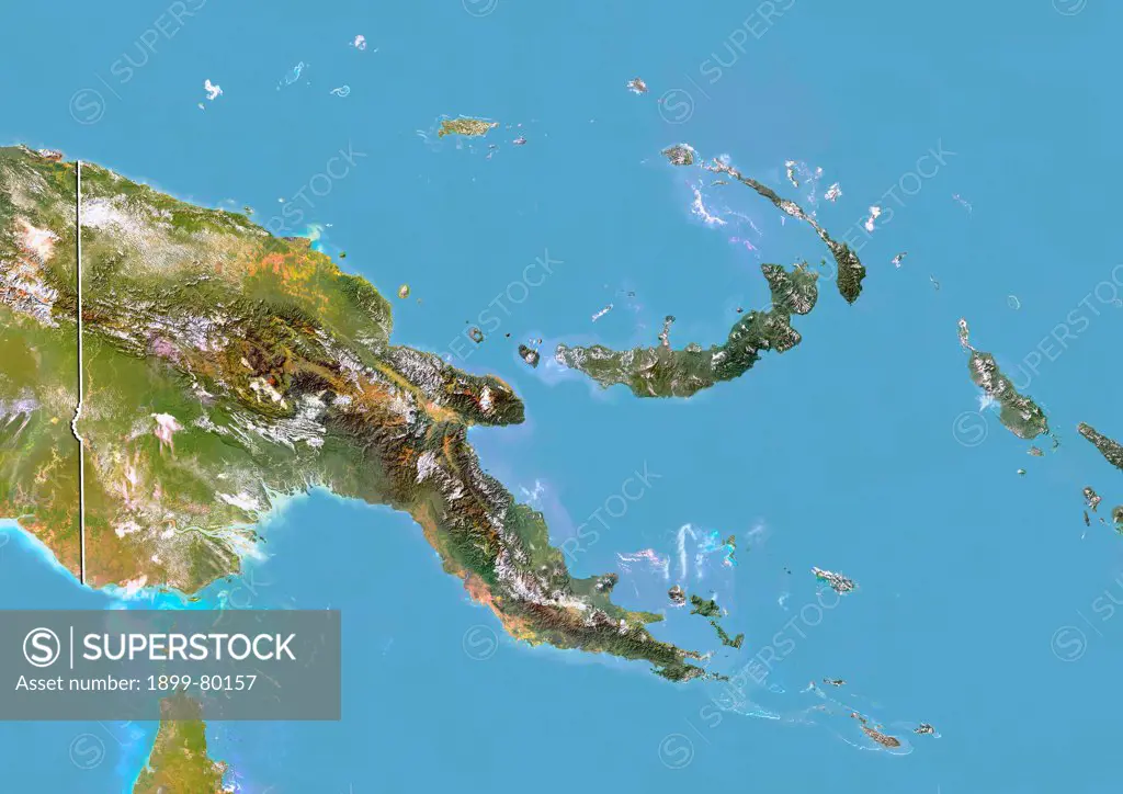 Satellite view of Papua New Guinea with Bump Effect (with border). This image was compiled from data acquired by LANDSAT 5 & 7 satellites.