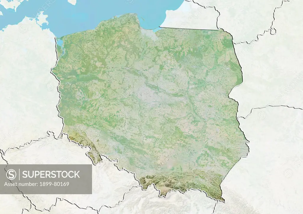 Relief map of Poland (with border and mask). This image was compiled from data acquired by landsat 5 & 7 satellites combined with elevation data.