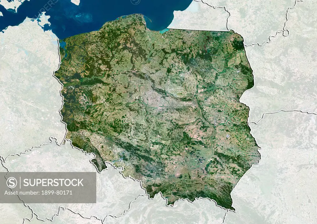 Satellite view of Poland (with border and mask). This image was compiled from data acquired by LANDSAT 5 & 7 satellites.