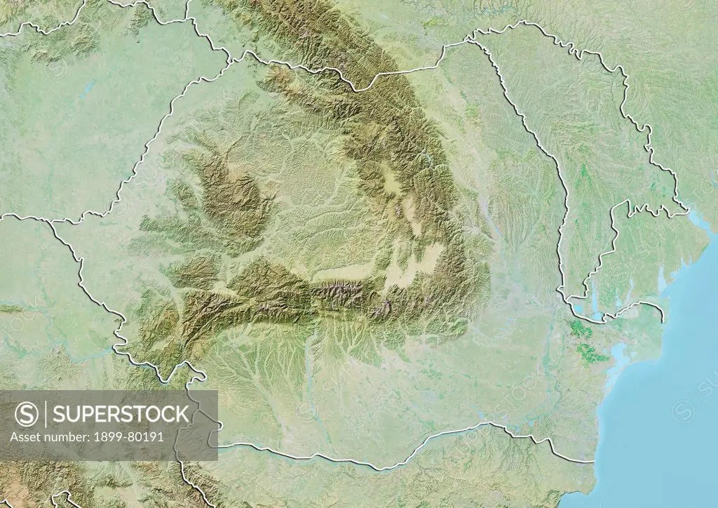 Relief map of Romania (with border). This image was compiled from data acquired by LANDSAT 5 & 7 satellites combined with elevation data.