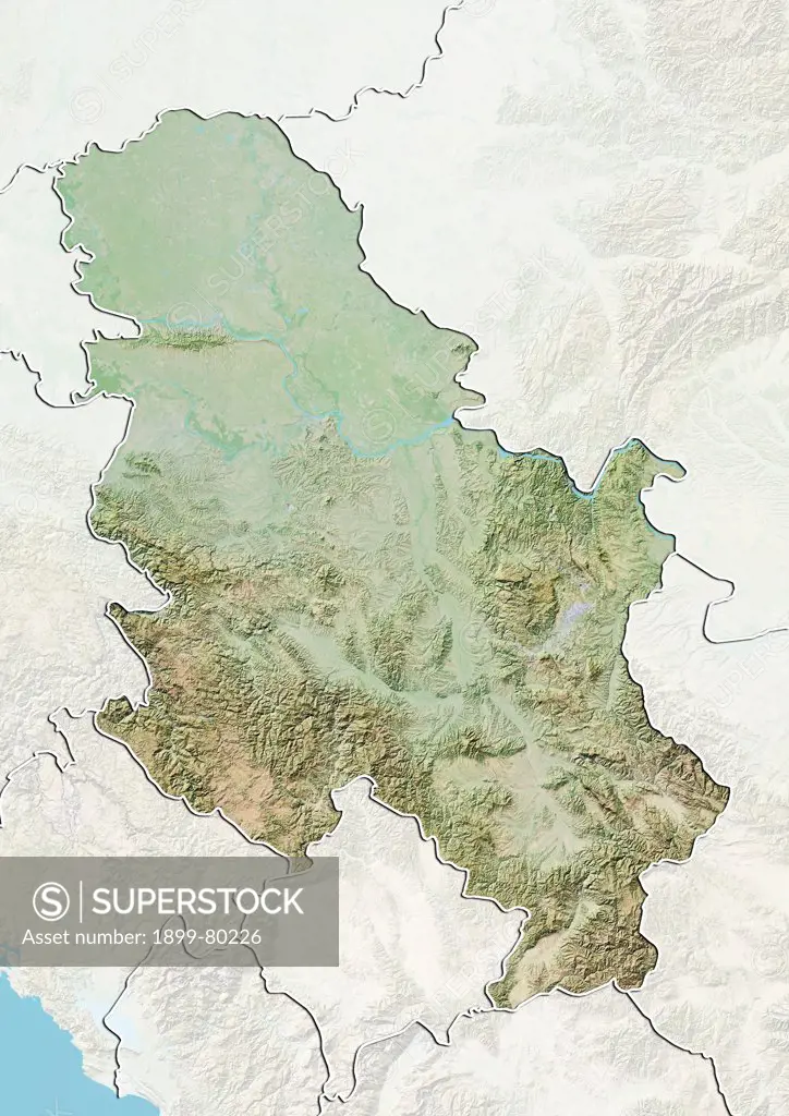 Relief map of Serbia (with border and mask). This image was compiled from data acquired by landsat 5 & 7 satellites combined with elevation data.