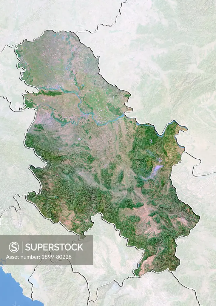 Satellite view of Serbia with Bump Effect (with border and mask). This image was compiled from data acquired by LANDSAT 5 & 7 satellites.