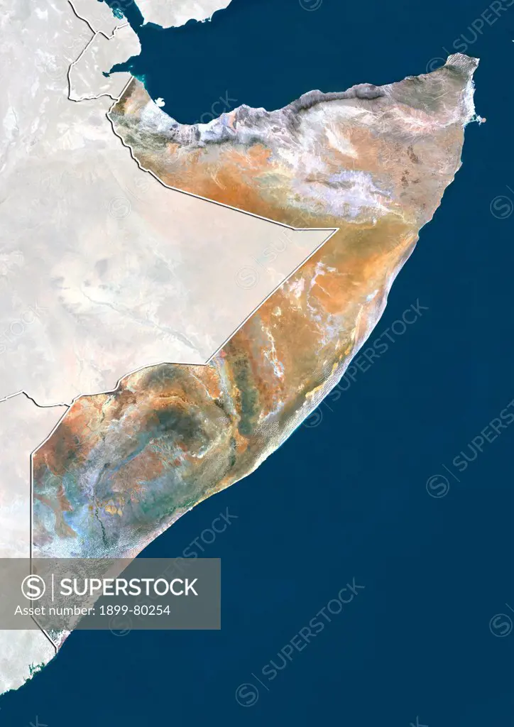 Satellite view of Somalia (with border and mask). This image was compiled from data acquired by LANDSAT 5 & 7 satellites.