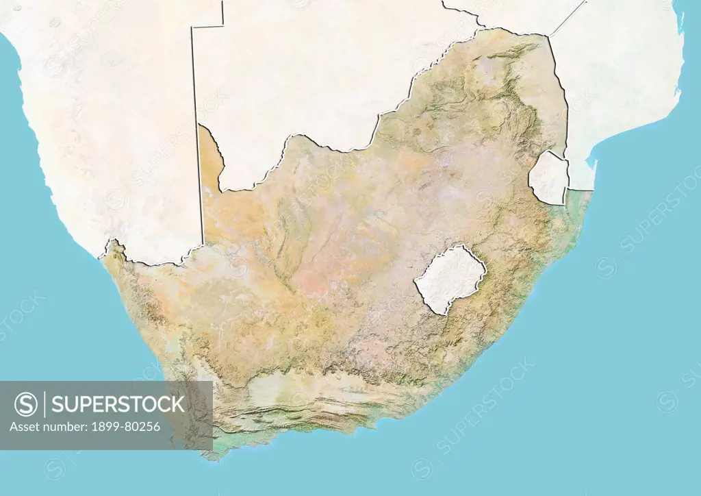 Relief map of South Africa (with border and mask). This image was compiled from data acquired by landsat 5 & 7 satellites combined with elevation data.