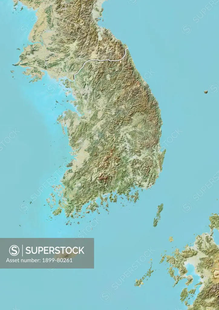 Relief map of South Korea (with border). This image was compiled from data acquired by LANDSAT 5 & 7 satellites combined with elevation data.