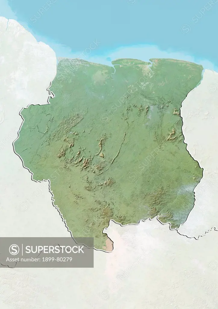 Relief map of Suriname (with border and mask). This image was compiled from data acquired by landsat 5 & 7 satellites combined with elevation data.