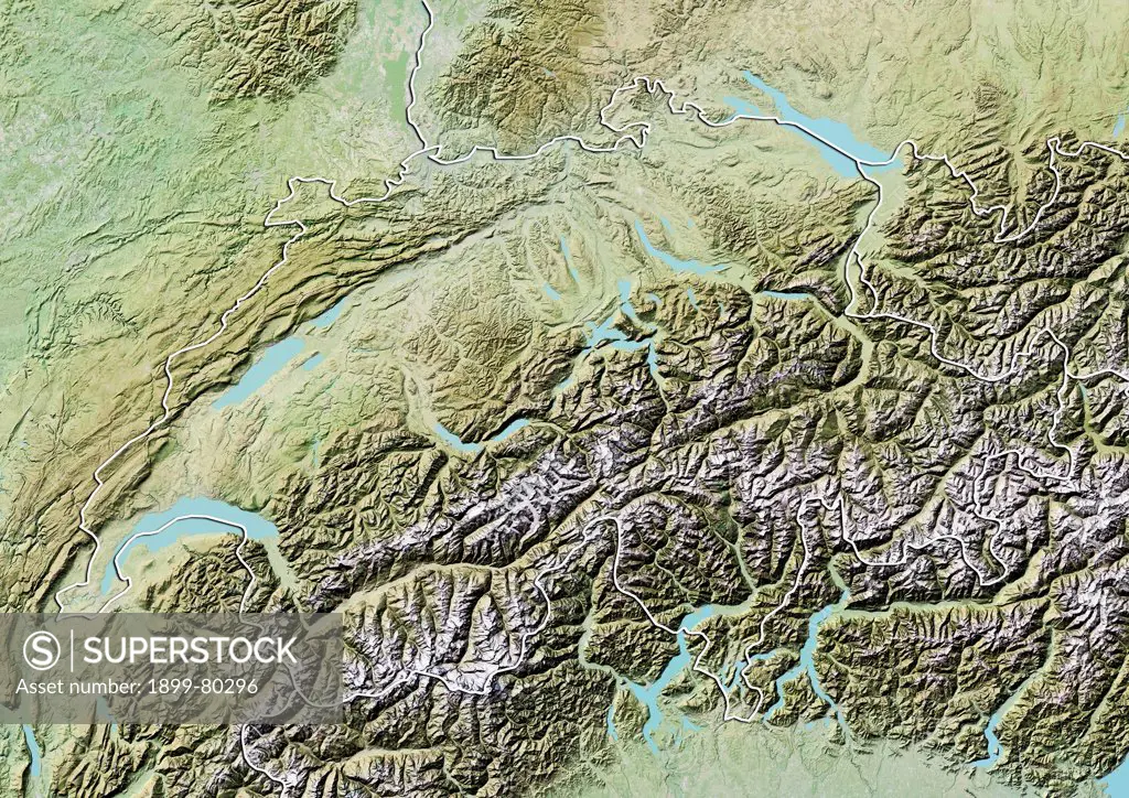 Relief map of Switzerland (with border). This image was compiled from data acquired by LANDSAT 5 & 7 satellites combined with elevation data.