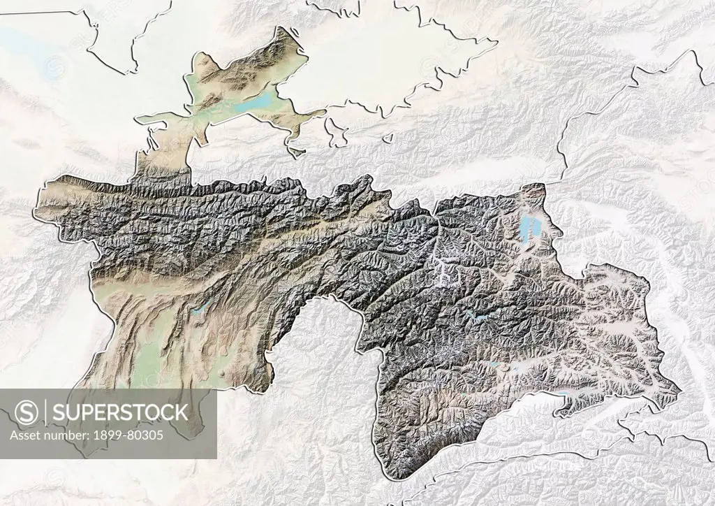 Relief map of Tajikistan (with border and mask). This image was compiled from data acquired by landsat 5 & 7 satellites combined with elevation data.