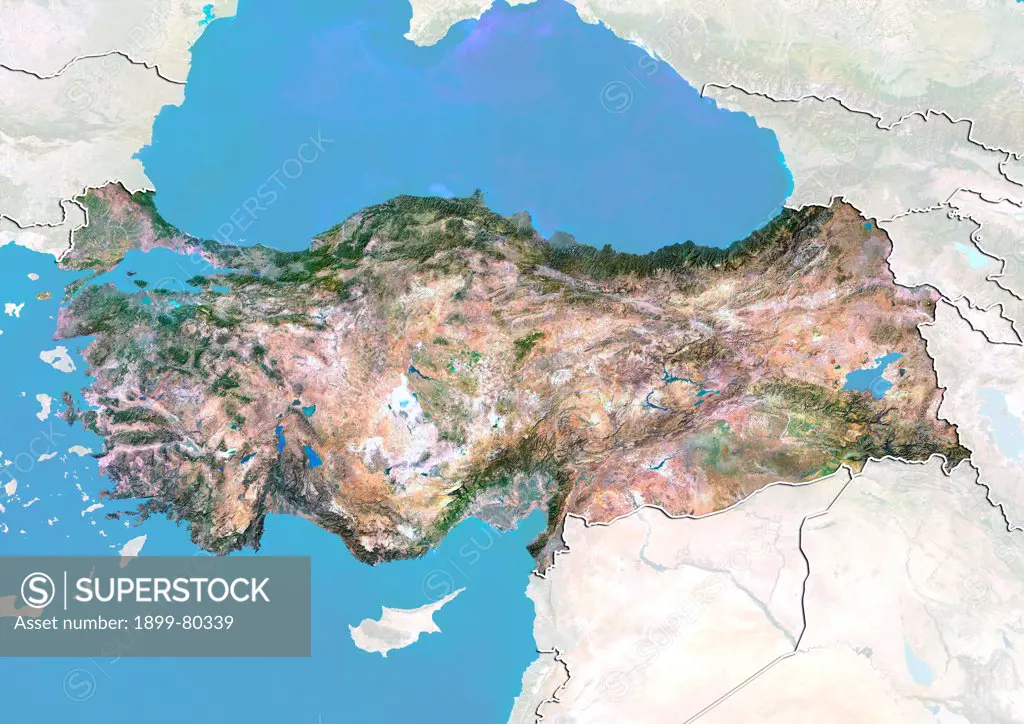 Satellite view of Turkey with Bump Effect (with border and mask). This image was compiled from data acquired by LANDSAT 5 & 7 satellites.
