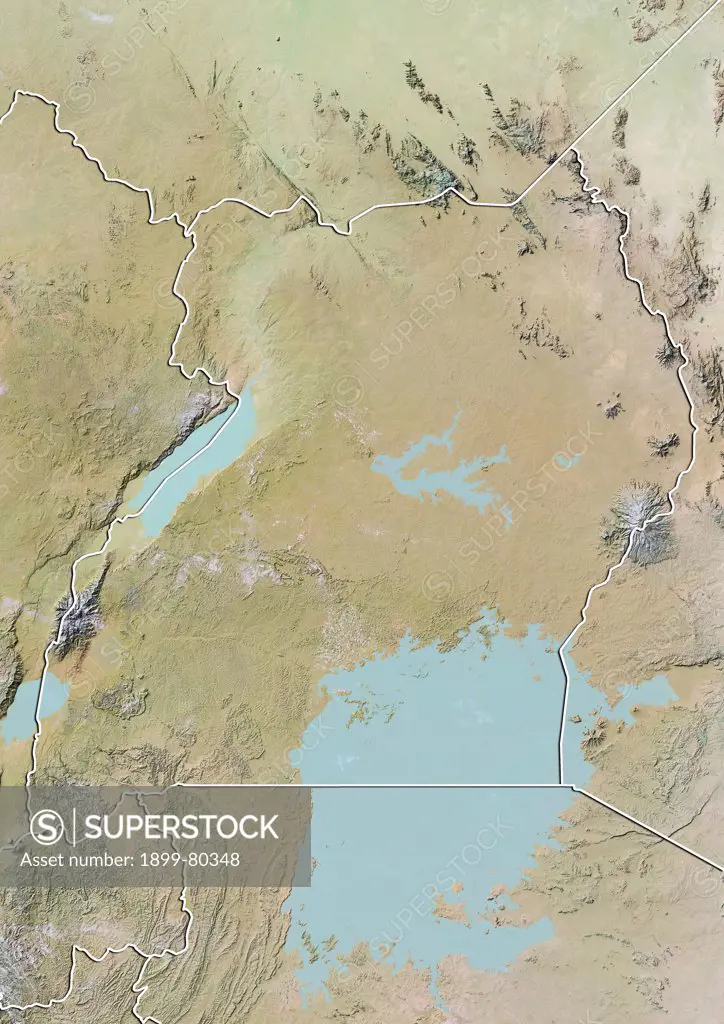 Relief map of Uganda (with border). This image was compiled from data acquired by LANDSAT 5 & 7 satellites combined with elevation data.