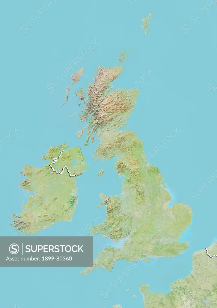 Relief map of The British Isles (with border). This image was compiled from data acquired by LANDSAT 5 & 7 satellites combined with elevation data.