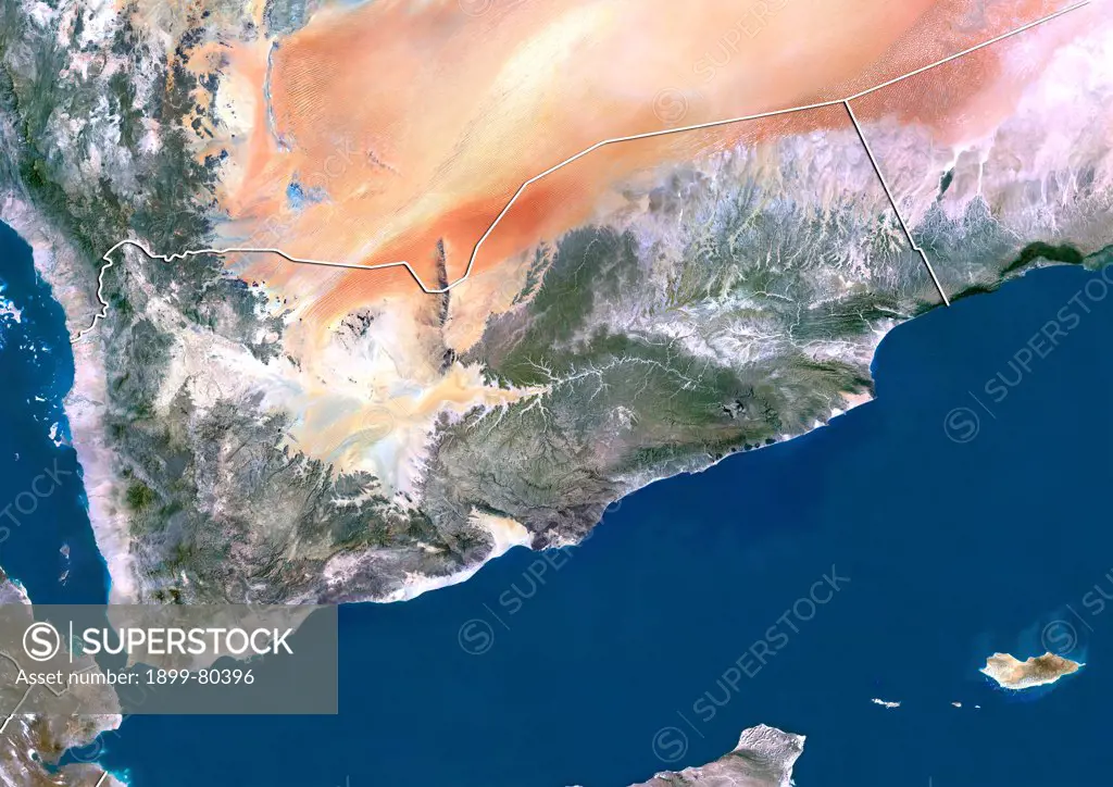 Satellite view of Yemen (with border). This image was compiled from data acquired by LANDSAT 5 & 7 satellites.