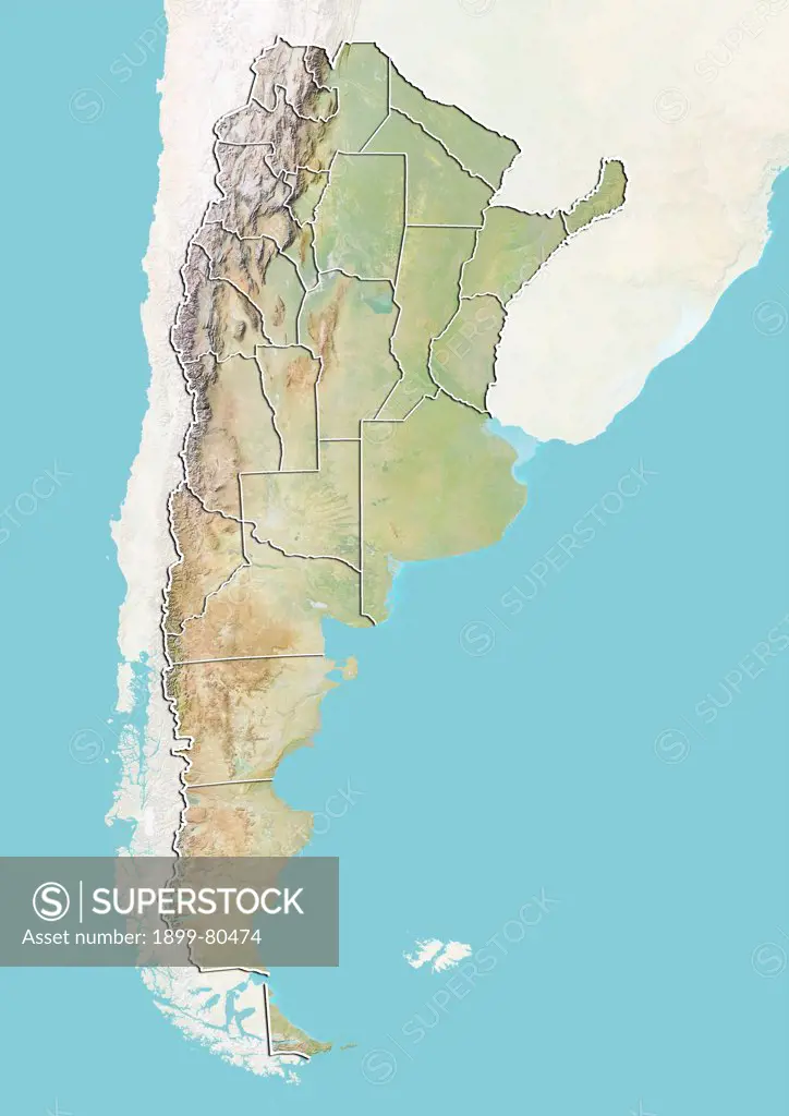 Relief map of Argentina with boundaries of provinces . This image was compiled from data acquired by LANDSAT 5 & 7 satellites combined with elevation data.