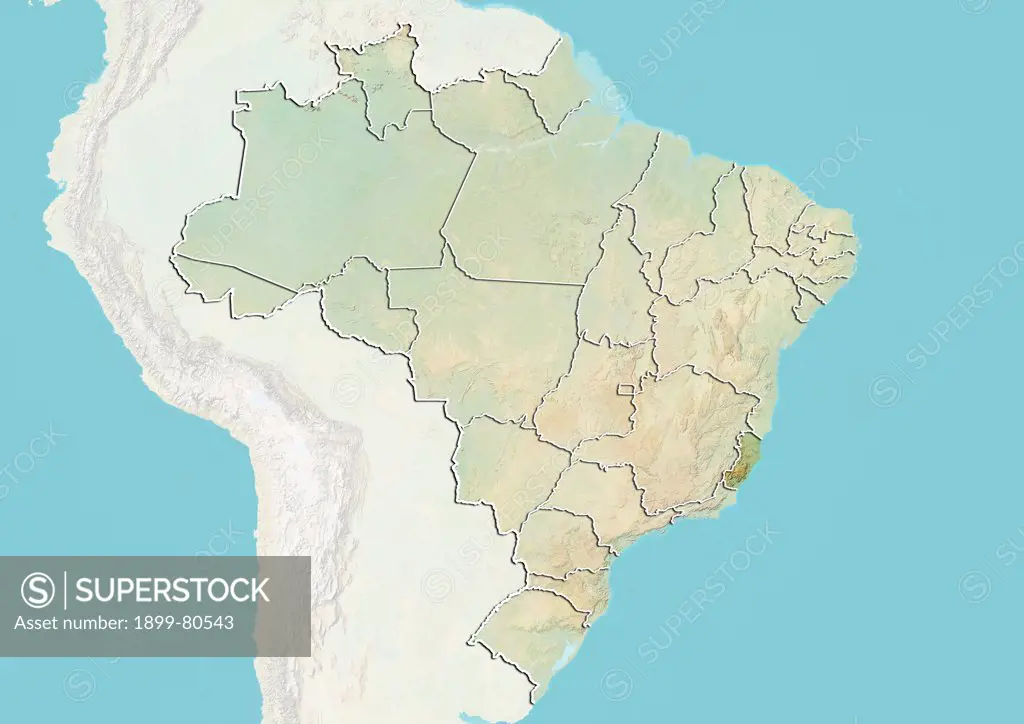 Relief map of Brazil showing the State of Espirito Santo. This image was compiled from data acquired by LANDSAT 5 & 7 satellites combined with elevation data.