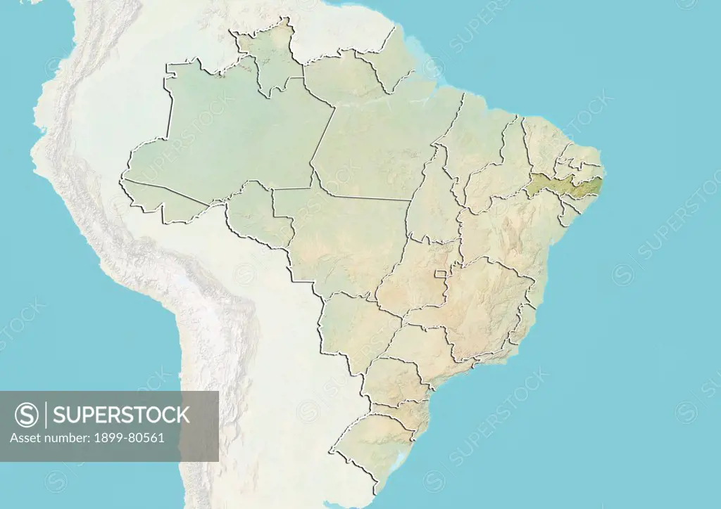 Relief map of Brazil showing the State of Pernambuco. This image was compiled from data acquired by LANDSAT 5 & 7 satellites combined with elevation data.