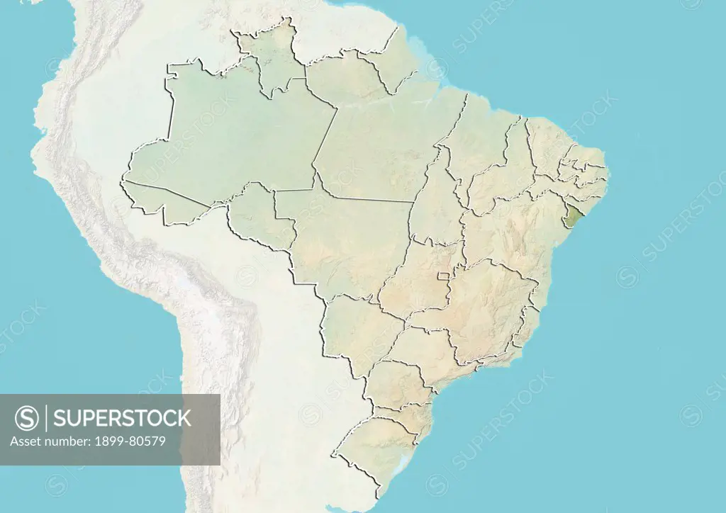 Relief map of Brazil showing the State of Sergipe. This image was compiled from data acquired by LANDSAT 5 & 7 satellites combined with elevation data.