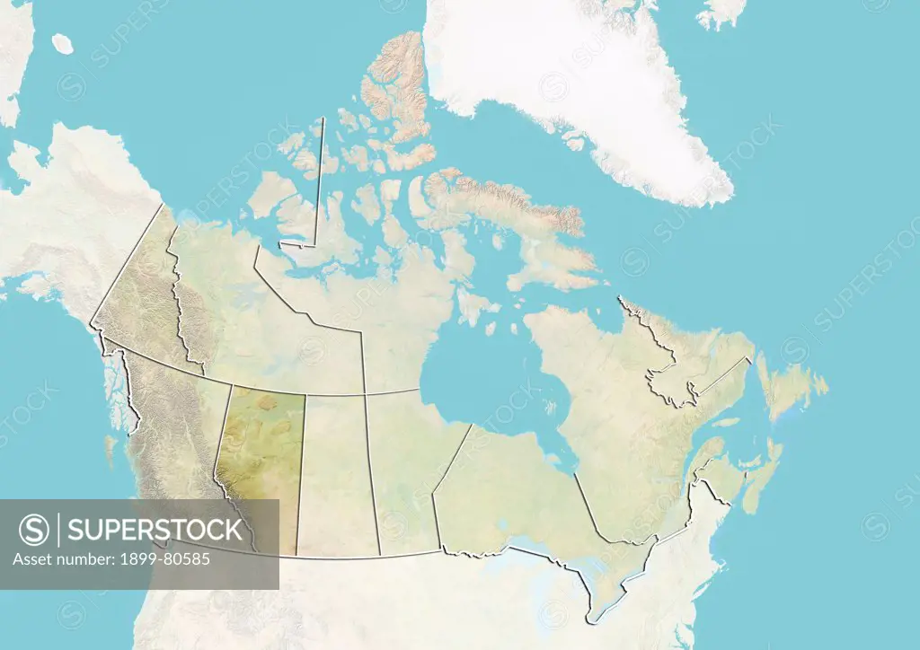 Relief map of Canada showing the province of Alberta. This image was compiled from data acquired by LANDSAT 5 & 7 satellites combined with elevation data.